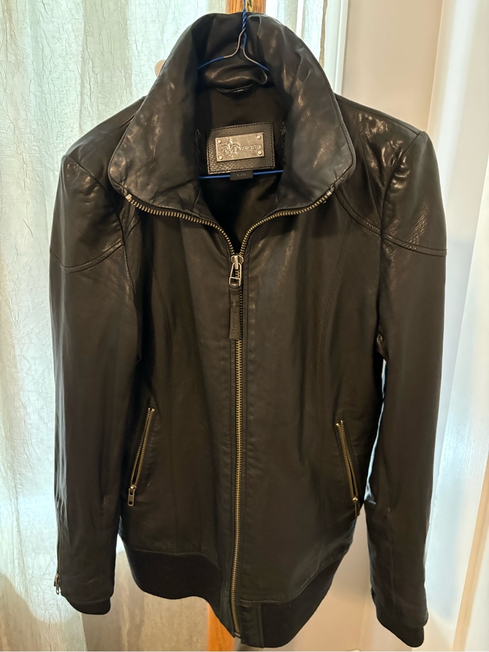 Mackage Black Leather Bomber Jacket with Zip Front